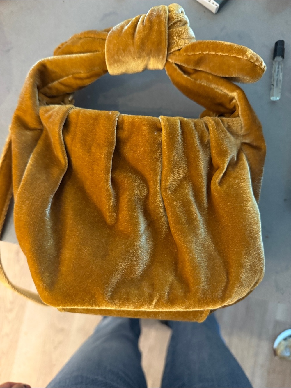 Velvet Knot-Handle Shoulder Bag in Mustard